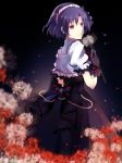  black_dress black_gloves brown_eyes closed_mouth commentary dress flower from_behind gloves holding holding_flower hotaru_(htr_trtr) idolmaster idolmaster_cinderella_girls long_dress looking_to_the_side purple_hair shiragiku_hotaru short_hair short_sleeves solo spider_lily 