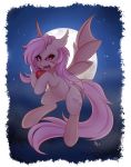  2014 angry apple bat_pony bat_wings cutie_mark equine fangs female feral flutterbat_(mlp) fluttershy_(mlp) flying food friendship_is_magic fruit fur hair hi_res hooves hybrid long_hair mammal membranous_wings moon my_little_pony outside pink_hair red_eyes sky solo spittfire_(artist) star teeth wings yellow_fur 