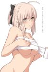  ahoge blush bow breasts budget_sarashi cleavage eyebrows_visible_through_hair fate/grand_order fate_(series) hair_bow half_updo hand_on_own_chest large_breasts navel okita_souji_(fate) okita_souji_(fate)_(all) one_side_up parted_lips pink_hair sarashi shiseki_hirame short_hair sidelocks silver_eyes simple_background solo sweatdrop translation_request white_background 