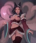  absurdres ahri alternate_costume animal_ears apron black_hair breasts cowboy_shot crop_top detached_sleeves enmaided fox_ears fox_tail green_nails grey_background hair_ribbon heart highres large_breasts league_of_legends long_hair looking_at_viewer magic maid maid_headdress matilda_vin midriff multiple_tails nail_polish navel nipples orange_pupils paid_reward parted_lips patreon_logo patreon_reward patreon_username pussy red_legwear red_ribbon ribbon short_sleeves slit_pupils smile solo standing tail thighhighs waist_apron wide_sleeves yellow_eyes 