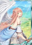  :d akkijin angel angel_wings back bare_shoulders blue_sky breasts brown_hair card_(medium) day dress field flower green_eyes hair_flower hair_ornament long_hair looking_at_viewer mountain official_art open_mouth shinkai_no_valkyrie sitting sky small_breasts smile solo sunlight tree white_dress wings 