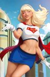  bird blonde_hair blue_eyes blue_sky cape city commentary dc_comics emblem gloves hairband highres looking_at_viewer midair midriff navel official_art red_cape skirt sky smile solo stanley_lau stomach supergirl superhero superman_(series) toned white_gloves 