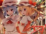  :d :p ascot bangs banned_artist blue_hair blurry blurry_foreground bow brooch crystal depth_of_field eyebrows_visible_through_hair flandre_scarlet frilled_shirt_collar frilled_sleeves frills gem hat hat_bow jewelry looking_at_viewer looking_to_the_side mob_cap multiple_girls open_mouth outstretched_arm puffy_short_sleeves puffy_sleeves red_bow red_eyes red_neckwear red_vest remilia_scarlet shiny shiny_hair shirt short_sleeves simple_background smile tareme tongue tongue_out touhou tsurime upper_body vest white_hat white_shirt wings yuuka_nonoko 
