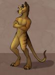  2015 4_toes 5_fingers anthro athletic brown_fur brown_hair brown_nose brown_tail casynuf claws countershading crossed_arms dipstick_tail eyebrows full-length_portrait fur grey_background hair head_tilt hi_res looking_at_viewer male mammal marsupial multicolored_tail navel nude orange_eyes portrait shadow short_hair simple_background smile solo standing striped_fur stripes tan_fur tan_tail thylacine toes two_tone_tail whiskers 