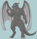  abs absurd_res animal_genitalia anthro balls barefoot biceps big_muscles claws digitigrade dragon facial_piercing feet genital_slit hi_res horn kynikos male muscular nose_piercing nose_ring nude piercing ryz_drauky_(artist) scalie scar slit solo western_dragon wings 