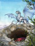  2018 ambiguous_gender claws day detailed_background dragon feral fur furred_dragon horn membranous_wings natoli outside sky traditional_media_(artwork) wings 