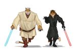  age_difference asyr_(character) belt black_robes blue_lightsaber boots clothing duo feline footwear furrybob_(artist) jedi lightsaber male mammal manly night_(character) old paws red_lightsaber sith star_wars tiger white_robes 