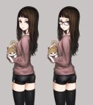  1girl ass black_hair cat female glasses holding jun_(seojh1029) long_hair original short_shorts shorts solo thighhighs 