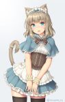  animal_ear_fluff animal_ears aqua_capelet aqua_dress aqua_eyes aqua_ribbon bangs black_legwear black_neckwear blunt_bangs blush bow bowtie breasts capelet cat_band cat_ears cat_girl cat_tail commentary_request corset cowboy_shot dress eyebrows_visible_through_hair frilled_corset grey_background leaning_to_the_side light_brown_hair looking_at_viewer maid_headdress medium_hair open_mouth original petticoat pocket ribbon ribbon_trim sasaame simple_background skindentation small_breasts solo tail tail_garter tail_raised thighhighs twitter_username underbust v_arms wrist_cuffs 