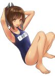  arms_behind_head barefoot brown_eyes brown_hair full_body hair_ornament hairclip harukana_(harukana_10) highres i-401_(kantai_collection) kantai_collection looking_at_viewer name_tag one-piece_swimsuit one-piece_tan ponytail school_swimsuit short_ponytail simple_background solo swimsuit tan tanline white_background 