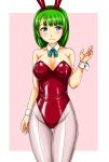  adapted_costume animal_ears bow bowtie breasts bunny_ears bunnysuit detached_collar fake_animal_ears green_hair kantai_collection kudou_(ooabareteng) large_breasts leotard long_hair mole mole_under_mouth pantyhose purple_legwear red_leotard solo very_long_hair wrist_cuffs yuugumo_(kantai_collection) 