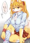 1girl artist_request blonde_hair fox furry long_hair sitting solo stocking tongue violet_eyes 