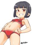  akaname akaname-san bikini black_hair flat_chest grin hands_on_hips jingai_modoki navel original pointy_ears red_bikini red_eyes short_hair simple_background smile solo swimsuit white_background 