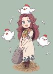  :d animal animal_on_head bare_arms bird bird_on_head blue_eyes botos brown_footwear brown_hair chicken cucco dress eyebrows feathers full_body green_background hair_intakes highres holding long_hair looking_at_viewer malon nazonazo_(nazonazot) neckerchief on_head open_mouth orange_neckwear pointy_ears short_sleeves simple_background smile solo standing the_legend_of_zelda the_legend_of_zelda:_ocarina_of_time v_arms white_dress 