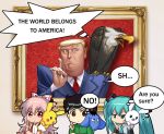  2boys 2girls ? aqua_eyes aqua_hair bald_eagle bangs bird black_hair black_jacket black_sleeves bow character_request collared_shirt copyright_request creatures_(company) detached_sleeves donald_trump eagle english game_freak gen_1_pokemon green_shirt hair_between_eyes hair_bow hair_ribbon hatsune_miku jacket long_hair long_sleeves looking_at_viewer looking_to_the_side multiple_boys multiple_girls necktie nintendo pikachu pink_bow pink_hair pointing pointing_up pokemon pokemon_(creature) puffy_short_sleeves puffy_sleeves ranguage red_neckwear ribbon shangguan_feiying shirt short_sleeves speech_bubble thinking thought_bubble touhou tress_ribbon twintails very_long_hair vocaloid white_bow white_shirt 