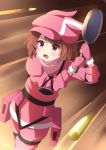  1girl agung_syaeful_anwar animal_ears animal_hat bangs blush brown_hair bullet bunny_ears bunny_hat cabbie_hat commentary commentary_request eyebrows_visible_through_hair frying_pan gloves hat highres holding jacket llenn_(sao) open_mouth pants pink_gloves pink_hat pink_jacket pink_pants red_eyes solo sword_art_online sword_art_online_alternative:_gun_gale_online v-shaped_eyebrows 