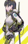  absurdres afukuro android bangs black_hair closed_mouth commentary_request cowboy_shot engine expressionless eyebrows_visible_through_hair from_side glasses highres hood hoodie jacket katana long_hair mecha_musume original profile sheath sheathed sidelocks solo sword weapon weapon_on_back 