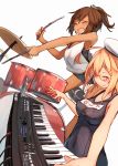  :d beize_(garbage) beret blonde_hair brown_hair closed_eyes commentary_request cymbals drum drum_set drumsticks fang glasses hat highres i-401_(kantai_collection) i-8_(kantai_collection) instrument kantai_collection keyboard_(instrument) multiple_girls old_school_swimsuit one-piece_swimsuit open_mouth ponytail red-framed_eyewear school_swimsuit school_uniform serafuku simple_background smile swimsuit swimsuit_under_clothes wet white_background 