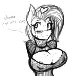  2018 anthro areola big_breasts breasts cleavage clothed clothing dawny_(oc) dialogue ebra english_text equine eyewear fan_character female freckles glasses huge_breasts jrvanesbroek keyhole_turtleneck mammal monochrome my_little_pony nipple_bulge nipples smile stripes sweater text zebra 