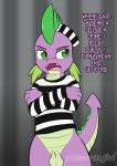  animal_genitalia balls bottomless clothed clothing dragon friendship_is_magic genital_slit jcosneverexisted male my_little_pony prison_uniform slit solo spike_(mlp) 