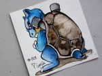  2016 3_fingers 4:3 ambiguous_gender blastoise blue_skin blue_tail bubble casynuf claws eyebrows fangs feral full-length_portrait looking_at_viewer looking_back nintendo photo pok&eacute;mon pok&eacute;mon_(species) portrait rear_view red_eyes shadow shell signature simple_background smile solo standing traditional_media_(artwork) video_games white_background 