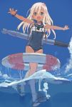  blonde_hair blue_eyes blue_sky crop_top day flower full_body hair_flower hair_ornament kantai_collection lifebuoy long_hair looking_at_viewer one-piece_swimsuit one-piece_tan open_mouth outdoors outstretched_arms ro-500_(kantai_collection) s.o_chin sailor_collar sandals school_swimsuit sky smile solo swimsuit swimsuit_under_clothes tan tanline torpedo water 