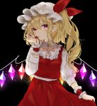  1girl black_background blonde_hair blood blush commentary cowboy_shot crystal eyebrows_visible_through_hair flandre_scarlet glowing glowing_wings hat hat_ribbon highres licking licking_blood light_particles long_hair long_sleeves looking_at_viewer mob_cap nail_polish one_side_up red_eyes red_nails red_ribbon red_skirt ribbon shirt simple_background skirt skirt_hold skirt_set slit_pupils solo symbol_commentary tongue tongue_out touhou vampire white_shirt wings wrist_cuffs yedan yellow_neckwear 