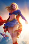  1boy 1girl belt blonde_hair blurry boots cape clenched_hands dc_comics depth_of_field eyeshadow flying highres light_rays looking_at_viewer makeup midair midriff miniskirt navel parted_lips red_cape skirt smile solo_focus stanley_lau sun sunlight supergirl superhero superman superman_(series) toned 
