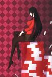  absurdres airdoor bangs black_hair black_legwear blunt_bangs breasts brown_skirt card from_side full_body grin highres jabami_yumeko jacket jewelry kakegurui large_breasts leg_up long_hair long_sleeves looking_at_viewer looking_to_the_side no_shoes oversized_object pantyhose parted_lips pink_eyes plaid plaid_background plaid_skirt playing_card poker_chip profile red_jacket ring shiny shiny_hair sidelocks sideways_glance sitting skirt smile solo straight_hair teeth thumb_ring very_long_hair 