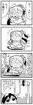  1girl 4koma :o asymmetrical_hair bangs bkub caligula_(game) chair city comic commentary_request crown elbow_gloves eyebrows_visible_through_hair flying_sweatdrops gloves greyscale halftone headset highres instrument looking_at_watch looking_up microphone mini_crown monochrome motion_lines mu_(caligula) multicolored_hair musical_note protagonist_(caligula) running short_hair simple_background skirt speaker speech_bubble swept_bangs talking translation_request twintails two-tone_hair watch white_background xylophone 
