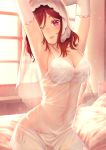  armpits arms_up bed blush bra breasts cleavage day elbow_gloves gloves lace lace_bra lace_panties lingerie looking_at_viewer love_live! love_live!_school_idol_project medium_breasts medium_hair morning nagareboshi navel nightgown nishikino_maki on_bed panties parted_lips purple_eyes red_hair see-through side-tie_panties sitting sitting_on_bed smile solo underwear veil white_bra white_gloves white_panties window 