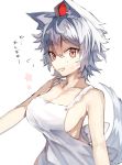  animal_ears apron bare_arms bare_shoulders breasts cleavage collarbone commentary eyebrows_visible_through_hair fang hair_between_eyes hat highres inubashiri_momiji kasuka_(kusuki) large_breasts looking_at_viewer naked_apron open_mouth red_eyes short_hair sideboob silver_hair smile solo sweatdrop tail tokin_hat touhou translated upper_body white_apron wolf_ears wolf_girl wolf_tail 