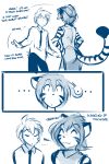  2018 anthro butt chinese_clothing chinese_dress clothed clothing comic dialogue dress duo english_text eyes_closed feline female flora_(twokinds) fur hair hair_bun hands_on_hips hi_res human keidran male mammal monochrome necktie relieved simple_background sketch smile striped_fur stripes text tiger tom_fischbach trace_legacy twokinds webcomic white_background 