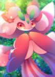 black_eyes blurry bug butterfly gen_7_pokemon green_background highres insect looking_at_viewer lurantis muuran no_humans no_mouth orchid_mantis pokemon pokemon_(creature) praying_mantis red_sclera signature solo standing striped vertical_stripes 