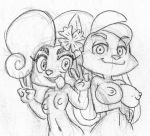  anthro bandicoot bianca_(spyro) black_and_white breast_size_difference breasts coco_bandicoot crash_bandicoot_(series) crossover duo eyebrows eyelashes female flower flower_in_hair fur hair lagomorph looking_at_viewer mammal marsupial monochrome navel nipples nude plant praiz rabbit sketch smile spyro_the_dragon tongue tongue_out v_sign video_games 