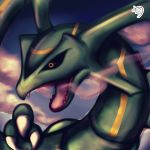  blue_sky claws cloud day fangs gen_3_pokemon highres looking_at_viewer muuran no_humans open_mouth orange_eyes outdoors pokemon pokemon_(creature) profile rayquaza signature sky smoke solo 