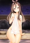  alternate_hairstyle blush brown_eyes brown_hair bucket collarbone covering fence flat_chest hair_down hair_ribbon holding holding_towel kantai_collection long_hair nipples nude_cover onsen ribbon rock sitting soaking_feet solo straight_hair thighs towel water wooden_bucket wooden_fence zarashi zuihou_(kantai_collection) 