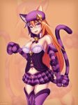  :d absurdres animal_ears artist_name bare_shoulders bell beret blush breasts cat_ears cat_tail cheshire_cat_(monster_girl_encyclopedia) claws detached_collar detached_sleeves eyebrows_visible_through_hair fang hair_between_eyes hat highres huge_filesize jingle_bell long_hair looking_at_viewer medium_breasts monster_girl_encyclopedia multicolored_hair navel open_mouth orange_hair paws pleated_skirt purple_eyes purple_hair skirt smile solo striped striped_skirt striped_tail tail tail_raised two-tone_hair very_long_hair wlper zoom_layer 