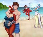  2018 absurd_res anthro beach belly bikini blaziken blithedragon blue_eyes breast_grab breasts brown_hair clothed clothing cloud digital_media_(artwork) eyewear female gardevoir glasses group hair hand_on_breast hi_res human humanoid latias legendary_pok&eacute;mon long_hair male male/female mammal multicolored_hair navel nintendo nipple_bulge one-piece_swimsuit one_eye_closed open_mouth outside pok&eacute;mon pok&eacute;mon_(species) ponytail pregnant seaside shiny_pok&eacute;mon short_hair sky sling_bikini smile swimsuit topless video_games water yellow_sclera 