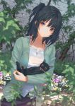  :3 animal bangs black_cat black_eyes black_hair black_skirt blurry blurry_foreground blush brick_wall cat closed_mouth collarbone day depth_of_field disconnected_mouth dot_nose dutch_angle eyebrows_visible_through_hair eyelashes flower flower_bed garden green_jacket hair_between_eyes head_tilt holding holding_animal holding_cat jacket lloule long_hair long_sleeves looking_at_viewer one_side_up open_clothes open_jacket original outdoors paws pet_collar plant purple_eyes purple_flower shirt skirt slit_pupils smile solo standing unbuttoned unbuttoned_shirt vines whiskers white_flower white_shirt yellow_eyes yellow_flower yellow_sclera 