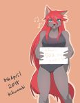  1girl artist_request dog furry open_mouth red_hair sign solo teal_eyes 