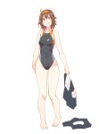  :d ahoge ass_visible_through_thighs barefoot brown_eyes brown_hair clothes_removed commentary competition_swimsuit full_body hairband highres kantai_collection one-piece_swimsuit open_mouth shiratsuyu_(kantai_collection) short_hair simple_background smile solo standing swimsuit white_background yuuji_(and) 