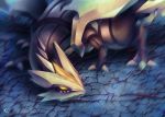  cracked_floor from_above gen_5_pokemon glowing glowing_eyes kyurem looking_away looking_to_the_side muuran no_humans pokemon pokemon_(creature) signature solo yellow_eyes 