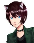  animal_ears bai_wang bangs belt_collar black_shirt blue_eyes brown_hair cat_ears closed_mouth commentary_request eyebrows_visible_through_hair green_jacket jacket looking_at_viewer original shirt simple_background smile solo upper_body white_background 