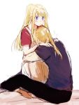  1girl :o bangs blonde_hair blue_eyes blue_shirt blush dress edward_elric eyebrows_visible_through_hair facing_away fingernails full_body fullmetal_alchemist hands_on_another's_shoulders hidden_face hug long_hair looking_at_another pants ponytail shirt simple_background sitting standing tsukuda0310 white_background winry_rockbell 