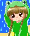  animal_costume blush braid brown_eyes brown_hair commentary_request eyebrows_visible_through_hair frog_costume kozukozu kukuri long_hair mahoujin_guruguru smile solo twin_braids very_long_hair 