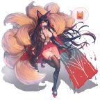  akagi_(azur_lane) animal_ears azur_lane between_fingers black_gloves black_hair black_legwear breasts cleavage collar collarbone elrusa finger_to_mouth flight_deck fox_ears fox_tail geta gloves highres japanese_clothes kyuubi large_breasts large_tail leg_up long_hair long_sleeves looking_at_viewer multiple_tails obi open_clothes panties pantyshot pantyshot_(standing) parted_lips partly_fingerless_gloves red_footwear red_skirt sash simple_background skirt solo speech_bubble standing standing_on_one_leg tail thigh_gap thighhighs underwear very_long_hair white_background white_panties wide_sleeves 