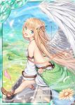  :d akkijin angel angel_wings back bare_shoulders blonde_hair blue_sky breasts card_(medium) day dress feathers field flower green_eyes hair_flower hair_ornament looking_at_viewer mountain official_art open_mouth shinkai_no_valkyrie sitting sky small_breasts smile solo sunlight tree white_dress wings 