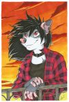  2018 5_fingers anthro black_hair clothed clothing day female hair mammal marsupial nitani opossum outside red_eyes sky smile solo traditional_media_(artwork) 