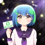  1girl agung_syaeful_anwar blue_hair blush closed_mouth commentary earth-chan eyebrows_visible_through_hair green_hair holding holding_sign original purple_sailor_collar recycling_symbol sailor_collar satellite school_uniform serafuku shirt short_hair sign solo space star star_print upper_body v-shaped_eyebrows white_shirt 